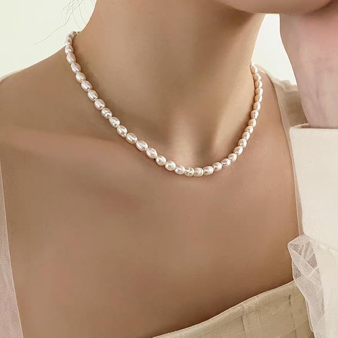 Zeffy Pearl Necklace 4MM/6MM/8MM Dainty Round Imitation Pearl Choker Necklace Wedding Pearl Necklace Delicate Jewelry for Women Simple Bridesmaid Jewelry Gifts