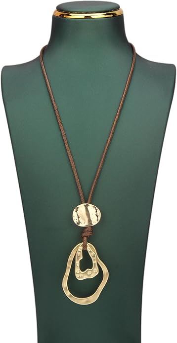 Boho Leather Necklace Women Bohemian Brown Circle Pendant Necklace Choker Long Necklaces for Women Boho Ring Large Pendant
