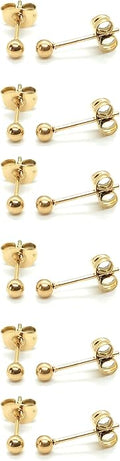 14K Gold Filled Polished Small CZ Pearl Ball Stud Earrings Set for Women Men 20G Surgical Steel Hypoallergenic Piercing Studs for Sensitive Ear, Pack of 6 Pairs