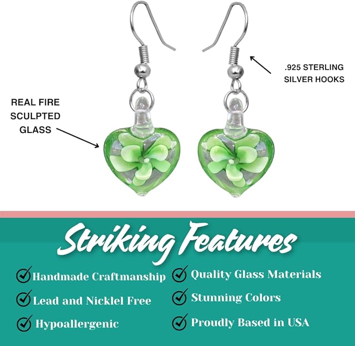 Murano Inspired Glass Hearts and Flowers Hypoallergenic Earrings with stainless steel French ear hooks