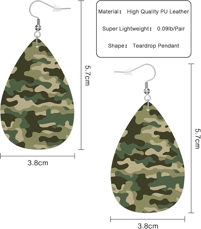 Military Camouflage Leather Teardrop Earrings For Women Green Shadow Jungle Camouflage Western Earrings For Friends Gift Drop Dangle Earrings