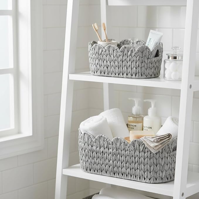 Coeusy Wicker Scalloped Basket Set of 2, Woven Storage Baskets - Image 2