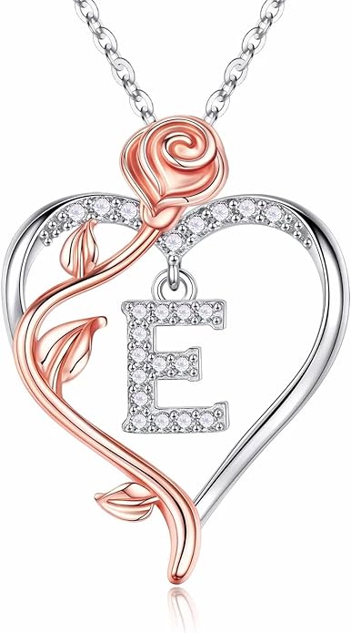 Iefil Valentines Day Gifts for Her - 925 Sterling Silver Rose Heart Initial Necklace, Anniversary Birthday Gifts for Women, Jewelry Gift for Her Wife Girlfriend