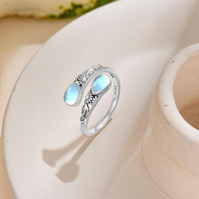 Moonstone Ring for Women 925 Sterling Silver Adjustable Open Ring Boho Statement Jewelry Gift for Her