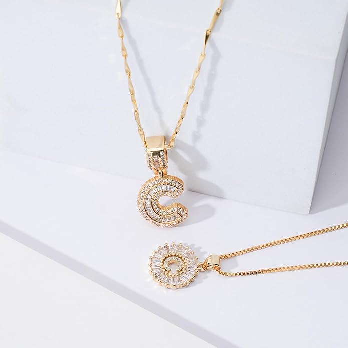 Letter Necklace 14k Gold Plated Bling Dainty Necklaces Trendy Chunky Custom Name Necklace Personalized Round Circle Pendant Zirconia Letters Name Crystal Jewelry Gifts for Women