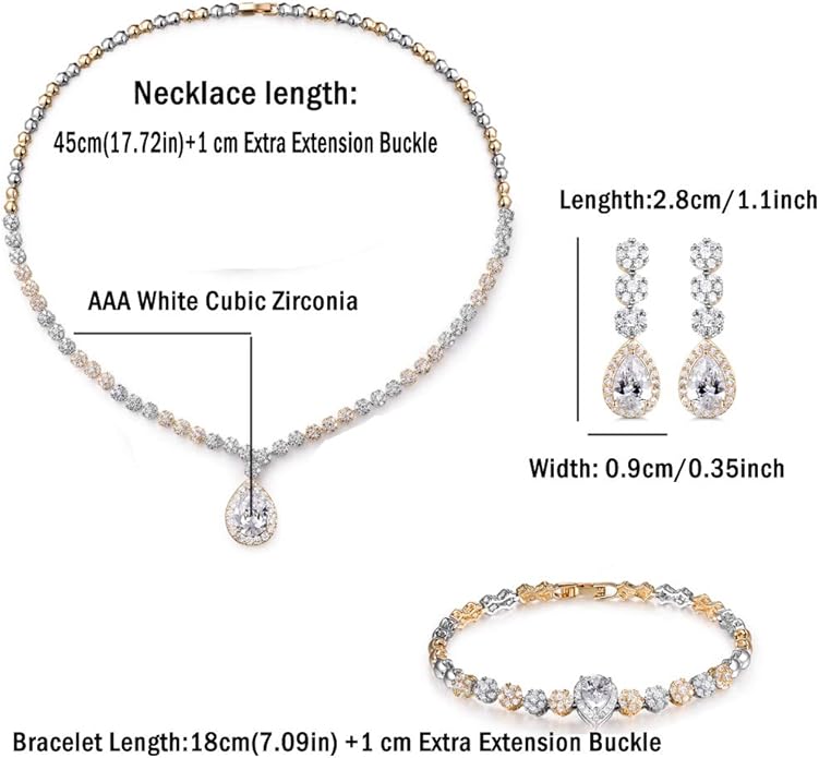 Hadskiss Jewelry Set for Women, Necklace Dangle Earrings Bracelet Set with White AAA Cubic Zirconia, Allergy Free Wedding Party Jewelry for Bridal Bridesmaid