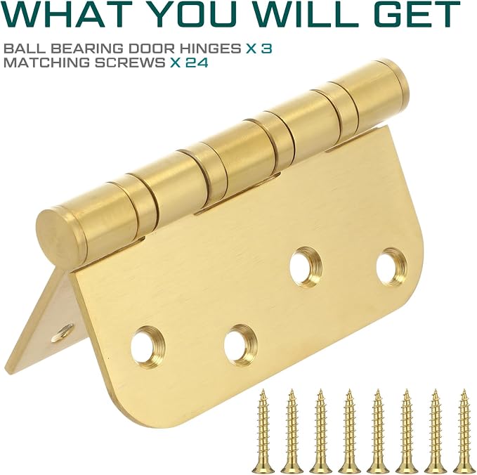3 Pcs Gold 4'' Ball Bearing Door Hinges, Square and 5/8'' Radius Corner | - Image 4