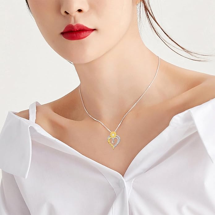 Initial Necklace 925 Sterling Silver Sunflower Heart Letter Pendant Alphabet Anniversary Birthday Jewelry Gifts for Women Mom Girlfriend Wife Her