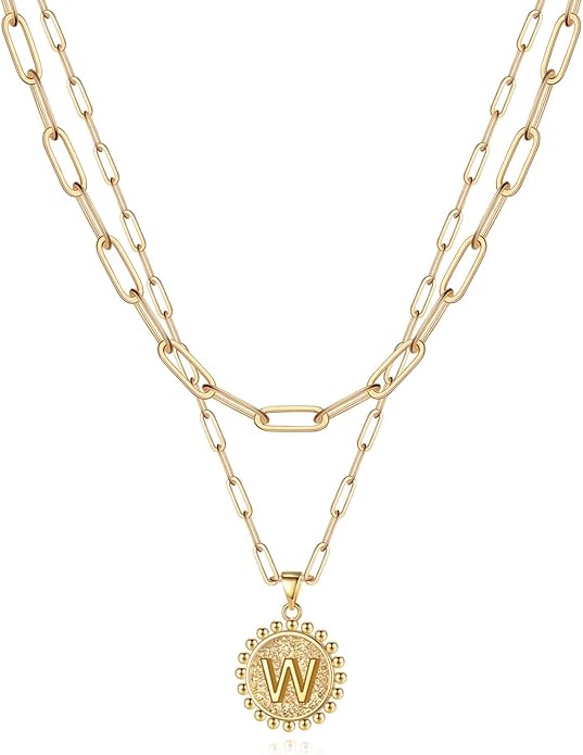 Yoosteel Valentines Gifts for Women Her - Gold Layered Initial Necklaces for Women 14K Gold Plated Dainty Layering Paperclip Link Chain Necklace Coin Initial Necklace Birthday Gifts for Teen Girls