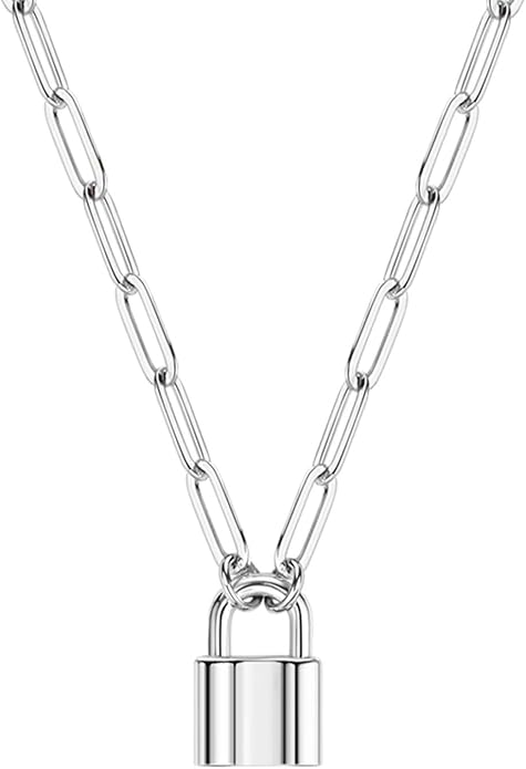 BOUTIQUELOVIN 14K Gold Plated Lock Necklace for Women Paperclip Link Chain Padlock Necklace Non-Tarnish