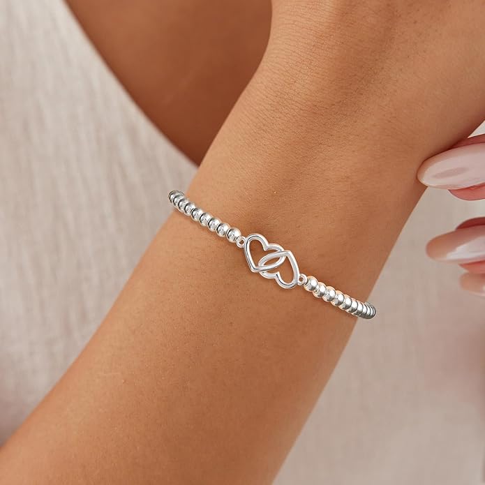 Valentines Day Gifts for Women Her - Beaded Stretch Handmade Ball Bracelets Cute Charm Bracelet Dainty Stackable Cross Heart Bow Wave CZ Jewelry Gifts Trendy Stuff