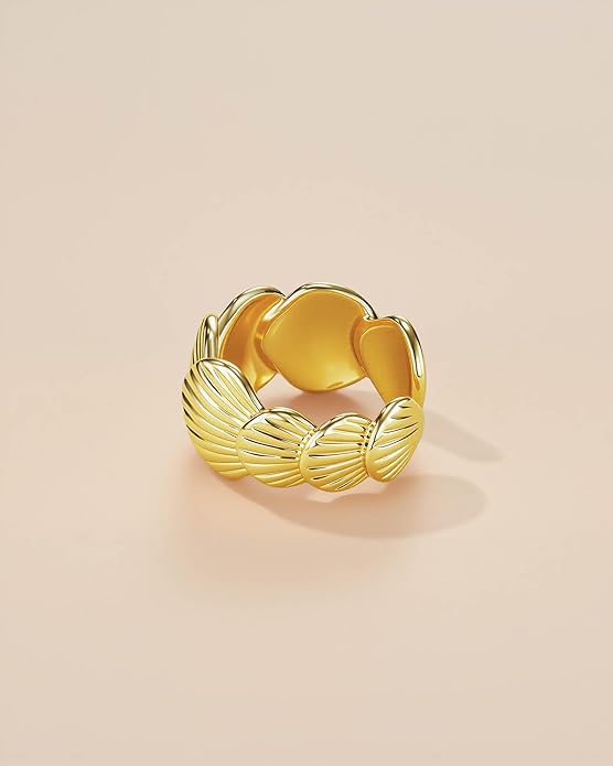 Gold Large Chunky Dainty Shell FULLY ADJUSTABLE Open Ring for Women by SNGIA, Summer Beach Handmade Adjustable Seashell Ring, Minimalist Stackable Ocean Themed Wedding Date Birthday Gift, Bold Exaggerated Irregular Wavy Trendy Ribbed Jewelry, Textured ...
