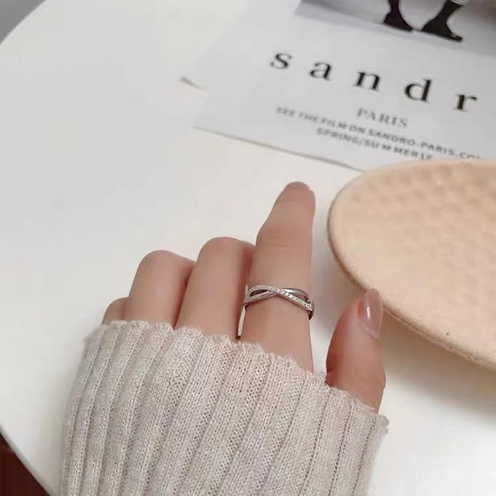OOOPEL Sterling Silver Adjustable Ring S925 Silver Rings for Women Cubic Zirconia Twist Love Knot Dainty Ring Silver Minimalist Open Finger Rings Silver Thumb Sterling Silver Ring