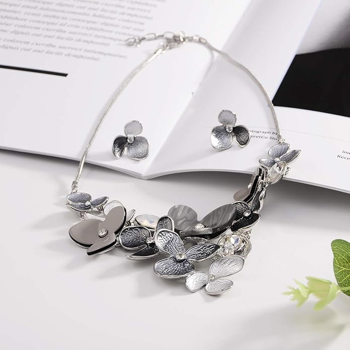 AMYJANE Vintage Statement Jewelry Set - Spring Leaf Flower Floral Plant Necklace Earring Set Crystal Rhinestone Fashion Costume Jewelry for Women Prom Party Unique Gift