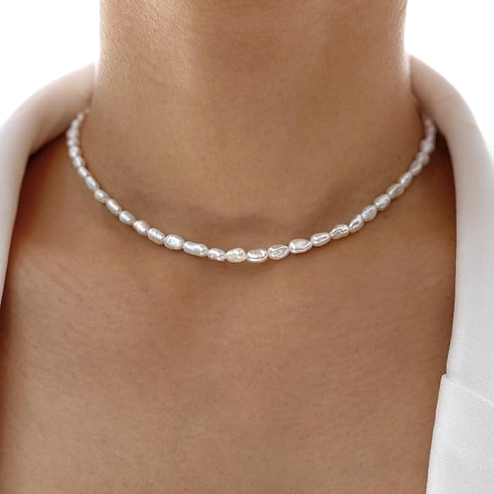 Zeffy Pearl Necklace 4MM/6MM/8MM Dainty Round Imitation Pearl Choker Necklace Wedding Pearl Necklace Delicate Jewelry for Women Simple Bridesmaid Jewelry Gifts