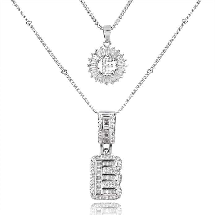 Initial Letter Necklace for Women 14k White Gold Silver Plated Dainty Necklaces Trendy Chunky Custom Layered Necklace Set Personalized Round Circle Zirconia A-Z Letter Chain Pendant Jewelry Gift