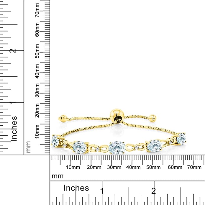 Gem Stone King 7X5MM Oval Cut Gemstone Birthstone and Accent Lab Grown Diamond Tennis Bracelet For Women In 18K Yellow Gold Plated Silver | Adjustable Bolo Bracelet For Women | Easy-On Easy-Off