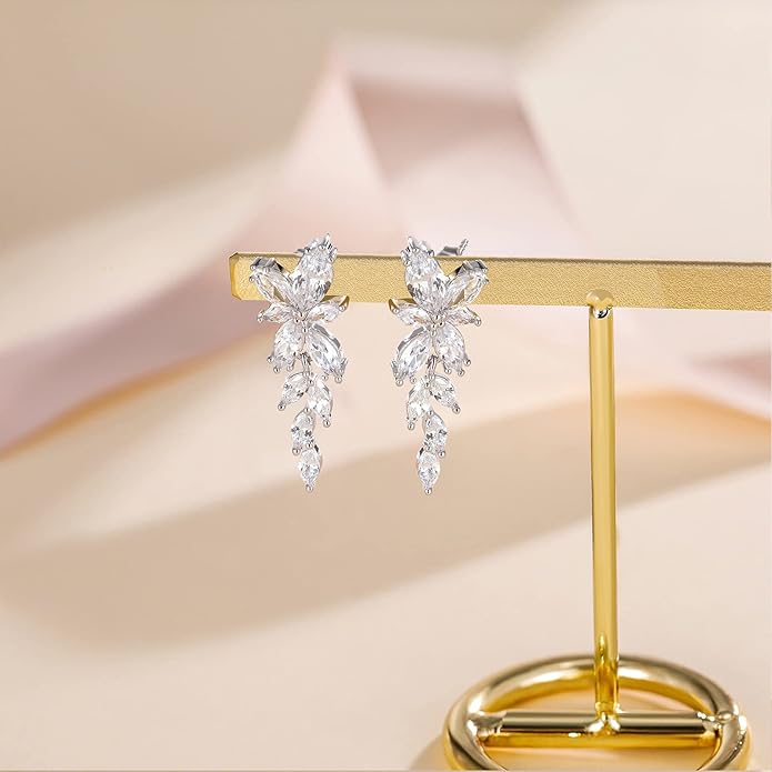 EAMTI Silver Dangle Earrings for Women Cubic Zirconia Marquise Bridal Wedding Earrings 925 Sterling Silver Post Engagement Earring