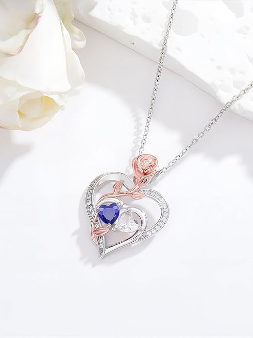 Rose Flower Heart Pendant for Women Birthday Gifts 18k Gold Plated Mother Daughter Necklace with 12 Months Birthstone Christmas Valentines Day Gifts for Her Mom Anniversarry Jewelry for Mom Wife Girlfriend