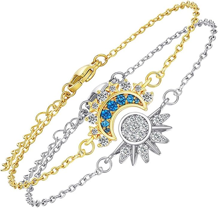 PINK TOWN Sun Moon Bracelet Set Stackable Bracelet for Women Men Sparkling Gold Sun Ring/Blue Moon Bracelet Couple Bracelet Matching Bracelet as Friendship Best Friend Jewelry for Women Men