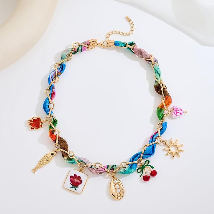 LILIE&WHITE Gold Charms Necklace for Women Bandana Necklace with Colorful Charms Necklaces Beach Jewelry Gift