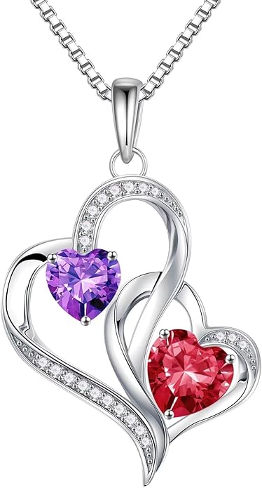 Iefil Valentines Day Gifts for Her - 925 Sterling Silver Double Birthstone Necklace, Heart Necklaces for Women, Anniversary Birthday Gifts, Personalized Jewelry Gift for Wife Mom Girlfriend