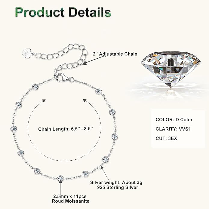 Bezel Moissanite Link Bracelet 0.66cttw D Color VVS1 925 Sterling Silver Adjustable Dainty Bracelets for Women Wife Birthday Jewelry Gifts
