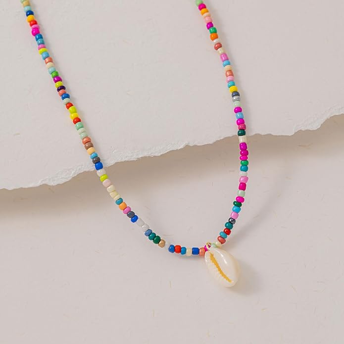 VRIUA Colorful Beaded Necklaces for Women – Summer Beach Boho Starfish, Conch, Shell, Pearl, Palm tree Pendant Necklace Jewelry