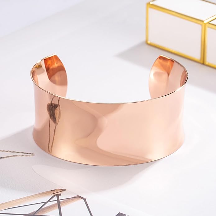 Dankadi Women 925 Sterling Silver Curved Bangle 30MM Wide Grooved Cuff Bangle Shiny Punk Open Bracelet Adjustable Plated 24k Gold/Rose Gold Jewelry Gift