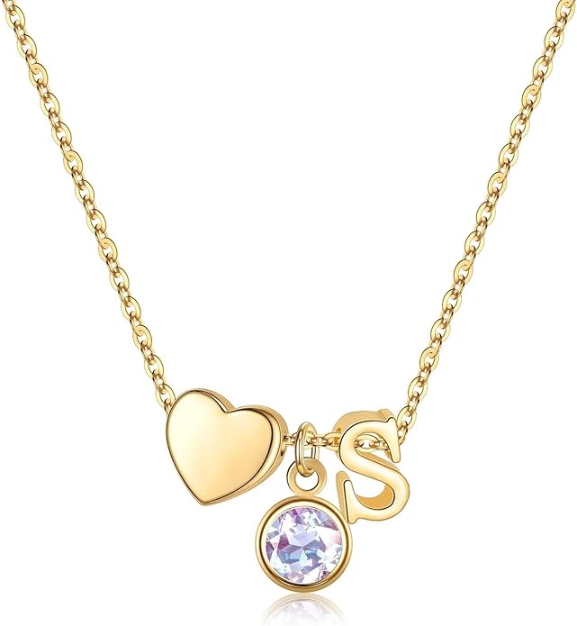 Ursilver Initial Birthstone Necklace for Women - Heart Initial Birthstone Pendant Necklace Personalized Gifts Birthday Gifts for Women