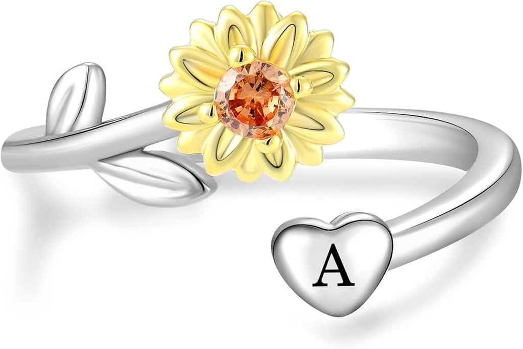 STARCHENIE Sunflower Initial Ring for Women 925 Sterling Silver Letters A-Z 26 Alphabet Adjustable Ring Size 7