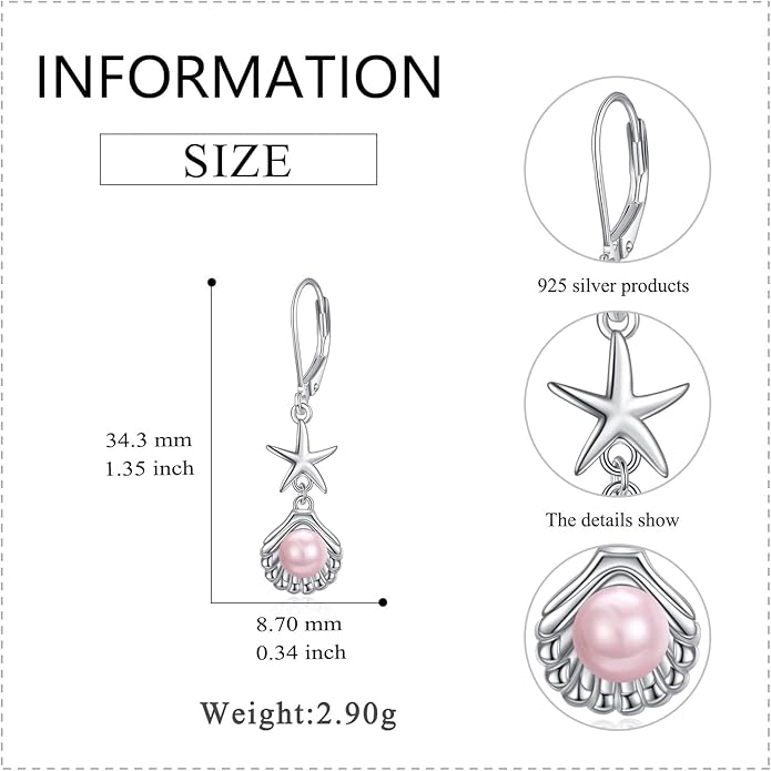 VONALA Silver/Gold Seashell Pearl Dangle Earrings 925 Sterling Silver Beach Drop Dangle Earrings Starfish Leverback Earrings Ocean Jewelry Gifts for Women
