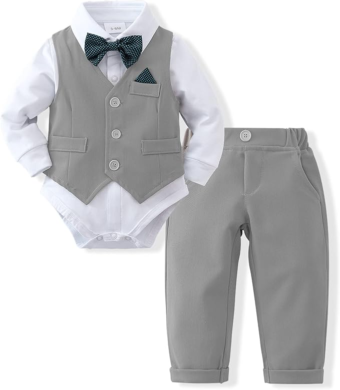 DISAUR Baby Boy Clothes Toddler Boy Outfits 4PCS Gentleman Dress Romper/Vest/Pants/Bow Tie Cotton Suit Sets