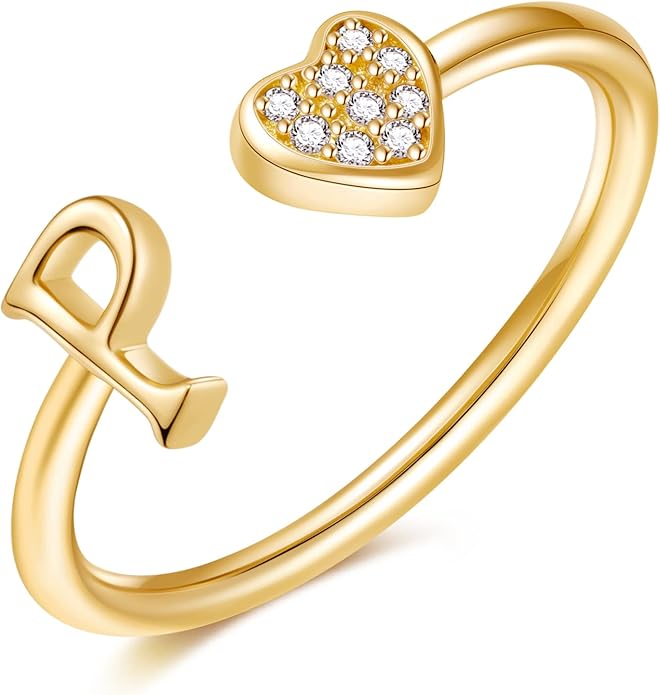 Valentines Day Gift Initial Rings for Teen Girls - S925 Heart Sterling Silver Rings for Teen Girls | 14K Gold/Rose Gold/Sterling Silver Plated Ring for Girls Kids Women Ring for Teenager Girls Gifts Adjustable, No Tarnish, Hypoallergenic