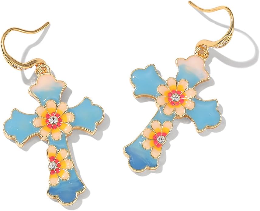 Flower Cross Dangle Earrings for Women, Gold Enamel Hypoallergenic Jewelry