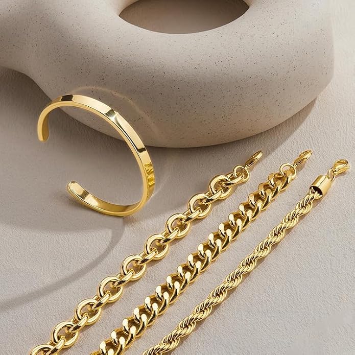 Chunky Gold Bracelets Stack for Women Non Tarnish, Waterproof 14K Gold Plated Bangle Cuff Bracelets Set for Women Trendy Thick Layered Cuban Link Chain Paperclip Rope Stackable Bracelet for Jewelry Gifts