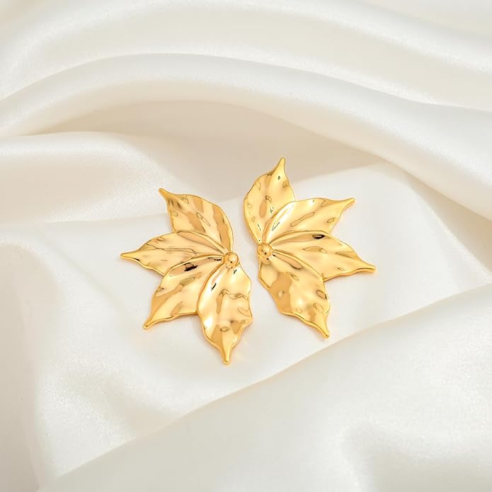 Chunky Gold Statement Earrings For Women Gold Plated Sectored Flower Leaf Shell Angel Wing Earrings Trendy Boho Jewelry For Women Large Stud Earrings Hypoallergenic Earrings
