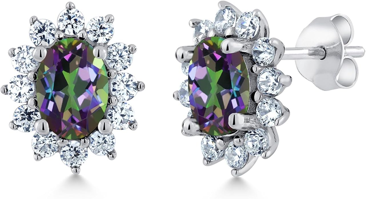 Gem Stone King 7X5MM Oval Gemstone Birthstone Stud Earrings For Women | Princess Diana Royal Halo Style | 925 Sterling Silver | Fine Jewelry Gifts for Anniversary Wedding Her Mom Women Wife