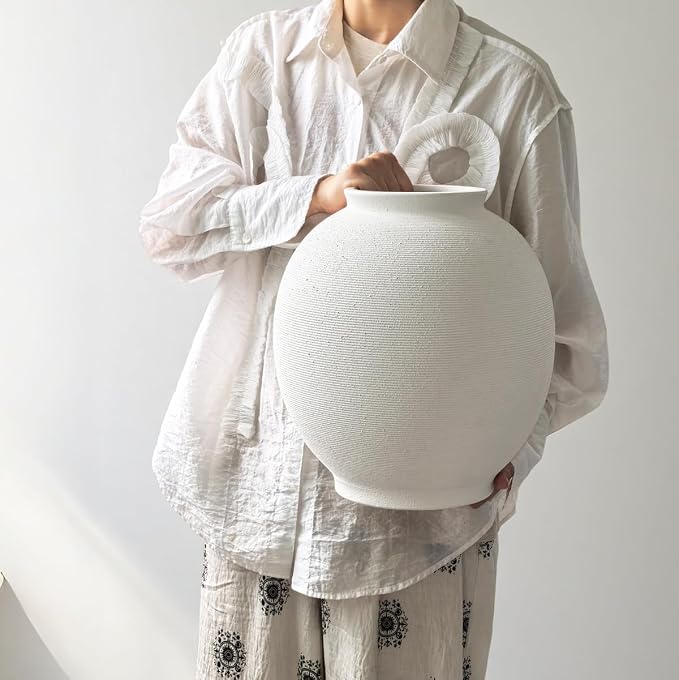Extra Large White Ceramic Vase, 12.5" H Sandstone White | Round Farmhouse Design - Image 4