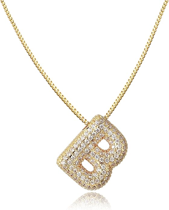 SKQIR Diamond Initial Letter Necklace for Women Bubble Gold Plated Puffy Balloon Alphabet Crystal Zircon Pendant Name Necklace Dainty Charms Trendy Jewelry Gift for Women