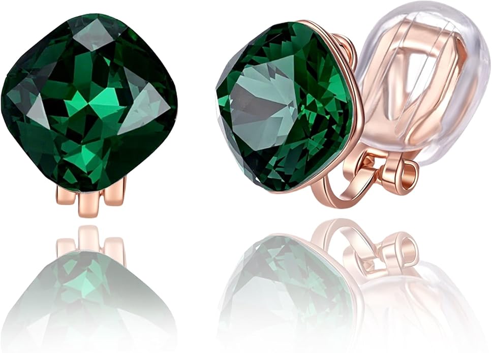 EVEVIC Austrian Crystal Square Cilp On Earrings for Women 14K Gold Plated Non Pierced for Sensitive Ears Jewelry Gifts for Anniversary