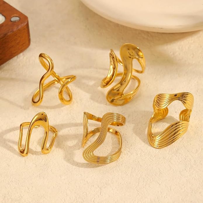 Chunky Rings For Women, Gold Silver Thumb Ring Asymmetrical Wavy Curve Ring Adjustable Non Tarnish Dainty Stainless Steel New Year Anniversary Birthday Jewelry Gift