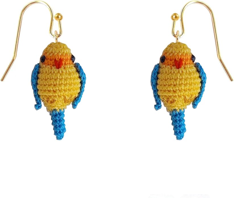 Hand-crocheted yellow and blue parrot earrings, miniature crocheted artistic cute playful parrot gifts accessories