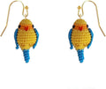 Hand-crocheted yellow and blue parrot earrings, miniature crocheted artistic cute playful parrot gifts accessories