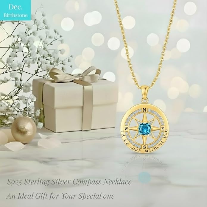 Compass Necklace for Women Wife Girlfriend Mom Daughter Gifts S925 Sterling Silver Jewelry For Anniversary Rose Gold Gifts For Birthday Christmas Mothers Valentines Day 12 Birthstones