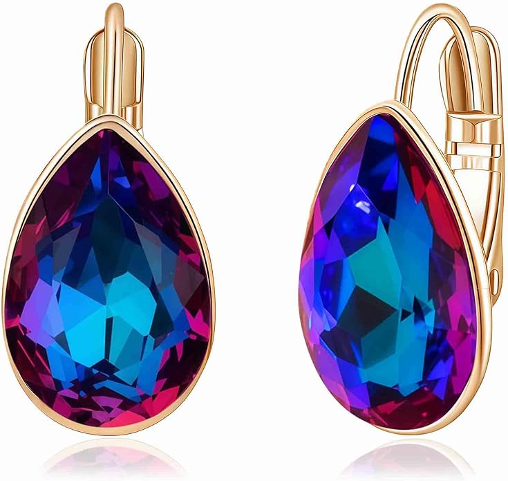 Teardrop Austrian Crystal Leverback Drop Earrings for Women 14K Rose Gold Plated Hypoallergenic Jewelry
