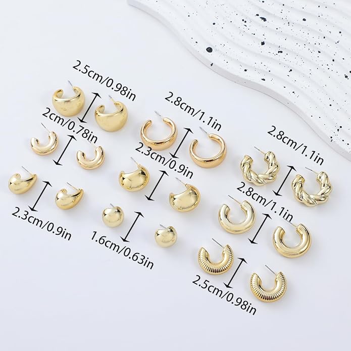 9 Pairs Chunky Gold Earrings Set for Women Trendy Lightweight Gold Plated Hoop Earrings Hypoallergenic Jewelry
