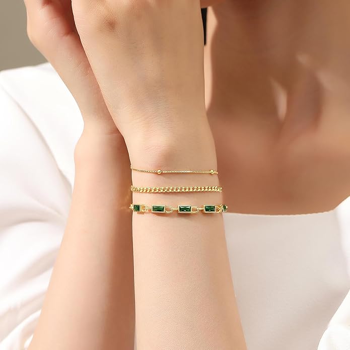 Gold Birthstone Bracelet for Women, 18K Gold Plated Layered Jewelry Bracelet Set, Womens Dainty Stackable Bracelets Link Paperclip Chain Valentines Day Gift for Wife Her