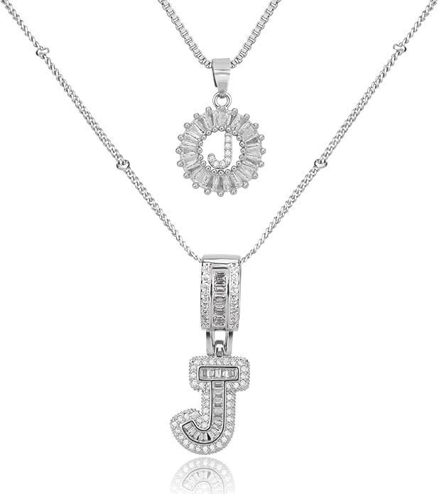 Initial Letter Necklace for Women 14k White Gold Silver Plated Dainty Necklaces Trendy Chunky Custom Layered Necklace Set Personalized Round Circle Zirconia A-Z Letter Chain Pendant Jewelry Gift