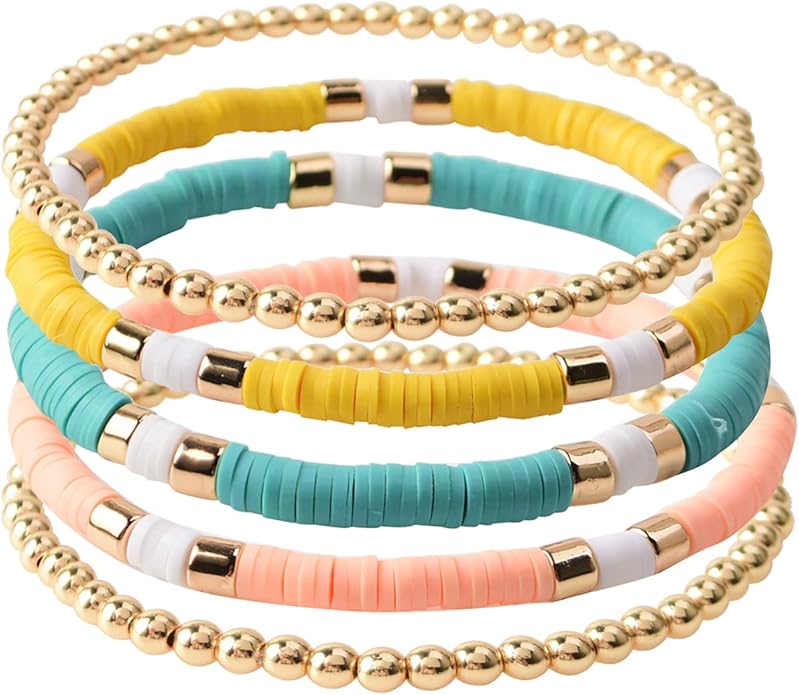 GOOJIDS Surfer Heishi Clay Bead Bracelets for Women Bohemian Stackable Gold Plated Beaded Stretch Bracelets Elastic Layering Friendship Bracelets Set Boho Jewelry